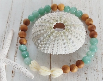 Pikake Beaded Bracelets | Blue Jade | Jasmine flower | Gemstone Beads | Stretchy Bracelet | Sandalwood