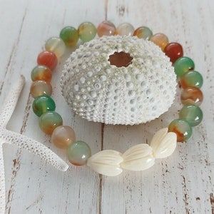 Peacock Agate | Pikake Beaded Bracelets  | Jasmine flower | Gemstone Beads | Stretchy Bracelet