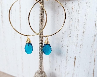 London Blue Topaz Glass Crystal Teardrop Earrings | Medium Hoops | Faceted Teardrop | Gold Hoops