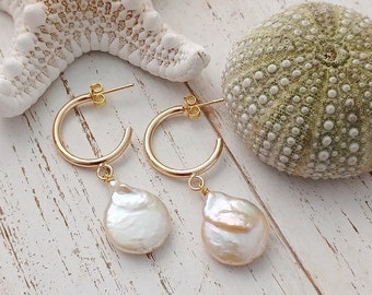 Pearl Earring Hoops | Coin Pearls | Pearl Jewelry | Gold Hoops
