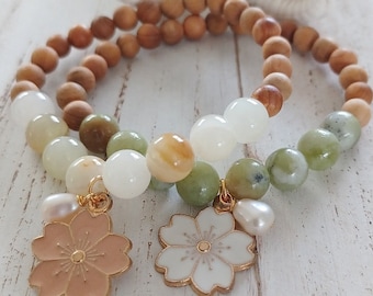 Cherry Blossom Flower Bracelets | Sandalwood | Jade | Gemstone | Stretchy Bracelets | Each