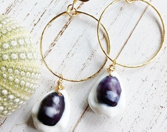Purple Money Cowry Hoops| Cowrie Hoop Earrings| Medium Hoops| Gold Jewelry| Cowrie Shell Jewelry| Hoop Earring with Cowrie Shell