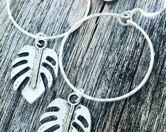 Monstera Earrings | Silver Leaf Earrings | Medium Hoops | Silver Hoop Earrings | Tropical