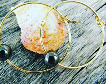 Hematite Hoops| Healing Stone| Silver Hematite| Hematite Earrings for Women| Medium Hoop| Dark Grey Earrings| Silver Ball Earrings