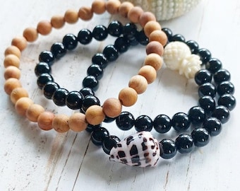 Black Onyx | Semi-Precious Gemstone | Pineapple | Cone Shell | Protection | Fortune | Beaded Bracelets | Stretchy | 6mm