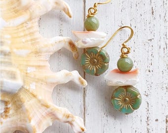 Tropical Hibiscus Flower | Shell Jewelry | Flower Earrings| Gold | Silver | Sterling Silver | Gold-Filled| Pearl