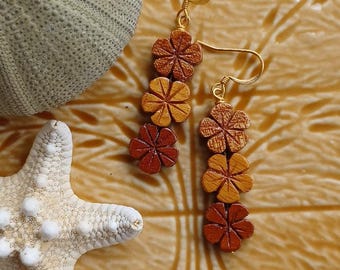 Plumeria Flower Dangle | Small Flower Earrings | Hawaiian Flower Earrings | Wood Flower | Gold | Silver