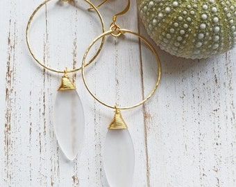 White Sea Glass Hoop Earrings | Medium Hoops | Surfboard | Marquise | Sea Glass Jewelry | Shell Jewelry | Gold