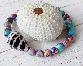 Hebrew Cone Shell Beaded Bracelets | Aqua Terra Gemstone Beads | Sea Shell  | Jasper | Gemstone | Stretchy Bracelet | Imperial | Impression