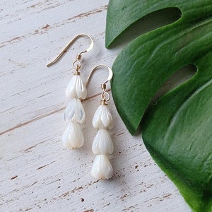 White Mother Of Pearl Pikake Flower Dangle | Small Flower Earrings | Hawaiian Flower Earrings | Gold Filled | Sterling  Silver