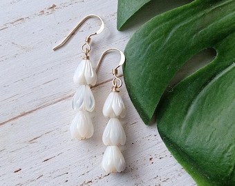 White Mother Of Pearl Pikake Flower Dangle | Small Flower Earrings | Hawaiian Flower Earrings | Gold Filled | Sterling  Silver