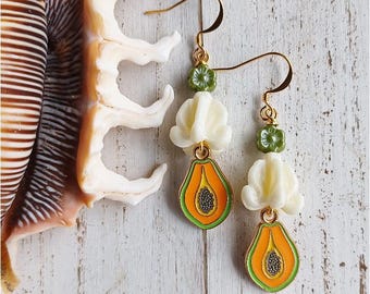 Papaya Crown Flower Earrings | Czech | Hawaiian Flower Earrings | Gold