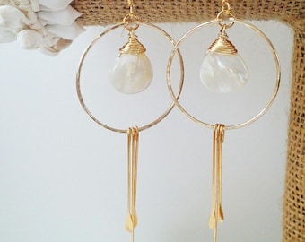 Teardrop Mother Of Pearl Earring Hoops | Paddle | Wire Wrapped Gemstone Jewelry | Dangle Drop Earrings | Gold Hoops