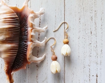Pikake Flower Sandalwood Dangle | Small Flower Earrings | Hawaiian Flower Earrings | Gold | Silver