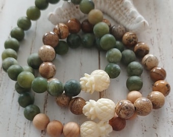 Green Jade | Pineapple |  Beaded Bracelets  | Jasmine flower | Gemstone Beads | Stretchy Bracelet | Matte