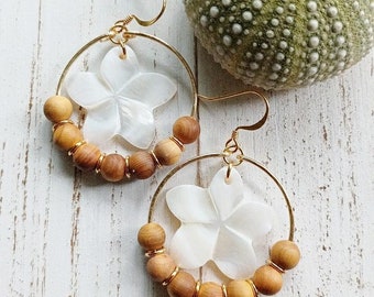 Mother Of Pearl Flower | Sandalwood | Hoop Earrings | Medium Hoops |  Shell Jewelry | Beachy Jewelry | Gold | Silver