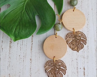 Wood Monstera Earrings | Green Jade | Leaf Earrings | Tropical | Beach | Gold | Silver