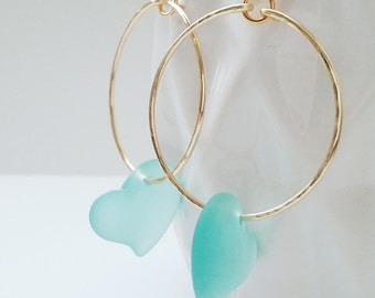 Seaglass Jewelry | Sea Glass earrings | Blue Sea Glass earrings | Medium Hoops | Frosty Sea Glass | Heart