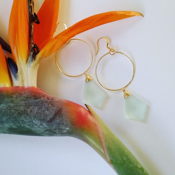 Seaglass Jewelry | Sea Glass earrings | Blue Sea Glass earrings | Frosty Sea Glass | Gold Wire Wrapped Earrings | Diamond