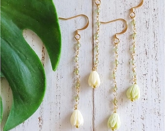 Pikake Flower Peridot Dangle | Single | Flower Earrings | Hawaiian Flower Earrings | Gemstone Jewelry