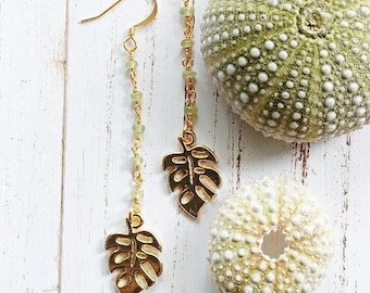 Peridot Monstera Dangle Earrings | Gold Leaf Earrings | Tropical | Gemstone