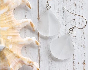 Clam Shell Sea Earrings |  White Sea Glass Jewelry | Frosty Sea Glass | Tropical | Gold | Silver