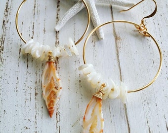Mitra Shell  Hoop Earrings | Mother Of Pearl | Beaded Hoops | Shell Jewelry | Medium Hoops | Gold Hoops