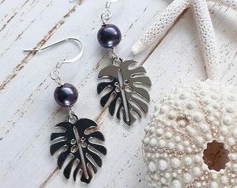 Monstera Freshwater Pearl Earrings | Tropical Leaf Hoop Earrings | Gold Monstera | Women Earrings | Natured Inspired Floral Leaves