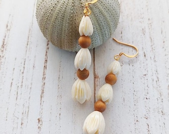 Pikake Flower Sandalwood Dangle | Small Flower Earrings | Hawaiian Flower Earrings | Gold | Silver