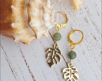 Green Jade Monstera Leaf Earrings | Tropical Leaf Hoop Earrings | Huggie Hoop| Lever back Women Earrings | Natured Inspired Floral Leaves