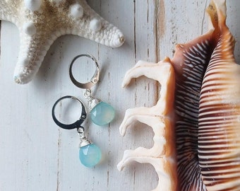 Aqua Chalcedony Teardrop Briolette Earrings | Leverbacks | Small | Gemstone Jewelry | Teardrop Earrings | Wire Wrapped Jewelry Gifts for Her