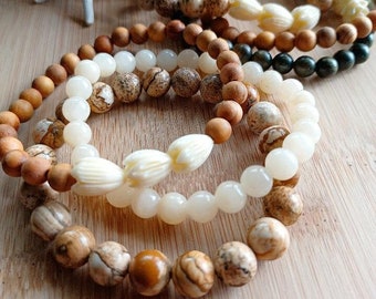 Pikake Sandalwood Bracelets Set | Hawaiian Flower | Yellow Jade | Picture Jasper Gemstone | Stretchy Bracelets Set