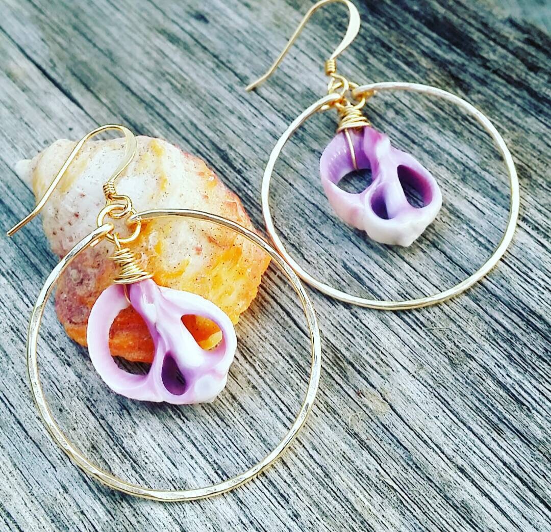 Cebu Sea Shell Hoop Earrings Purple Sliced Shell Earrings