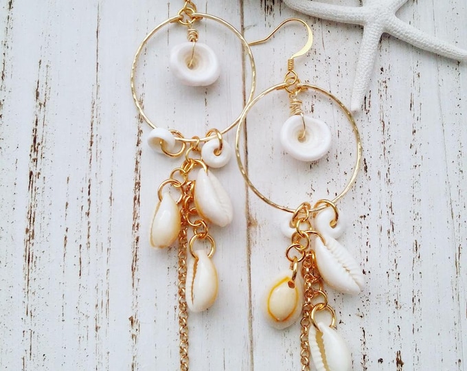 Featured listing image: Cowrie Puka Shell Hoops| Cowry Hoop Earrings| Medium Hoops| Gold Jewelry| Shell Jewelry|  Hoop Earring with Cowrie Shell