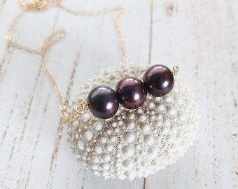 Trio Pearl Necklace | Purple|  Gold Filled | Freshwater Peacock Pearl  | 20" | 18" | 16"