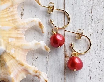 Red Pearl Hoop Stud Earrings| Gold Jewelry | 8-9mm | Pearl Earrings | Gold