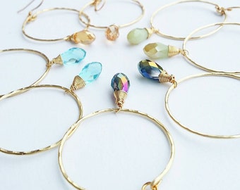 Glass Crystal Teardrop Earrings | Medium Hoops | Wire Wrapped Jewelry | Peach | Blue | Peacock | Seafoam | Gold Hoops