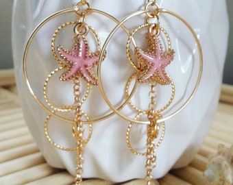 Pink Starfish Earrings | Beach Jewelry | | Medium | Gold Hoops | Gold Jewelry | Twisted Hoops | Hoop Dangle |