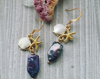 Clamshell Dangle  Earrings | Sea Star Jewelry | Peacock Pearl | Shell Jewelry | Gold | Silver | Beach Jewelry