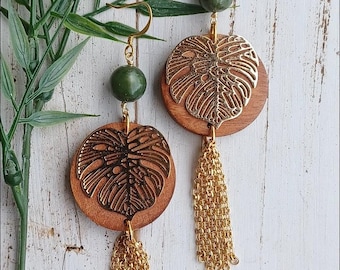 Wood Monstera Earrings | Green Jade | Leaf Earrings | Tropical | Beach | Gold | Silver