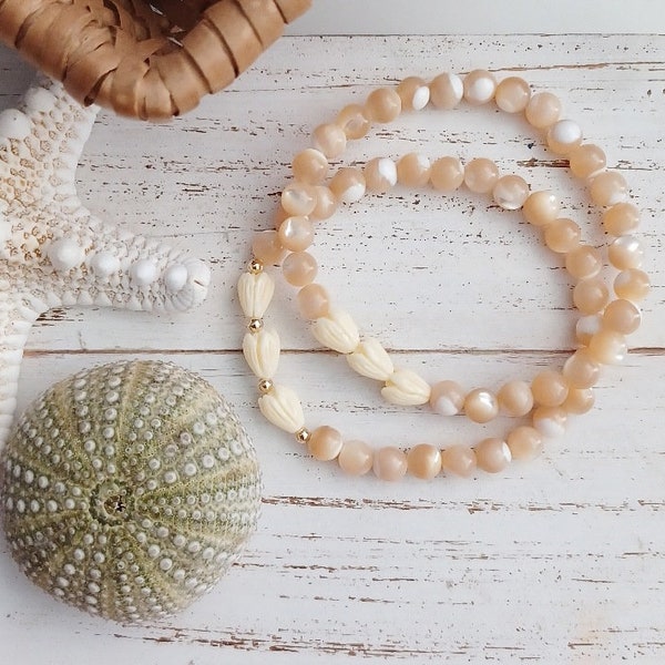 Pikake Flower Bracelets | Hawaiian Flower | Mother of Pearl | Gemstone | Stretchy Bracelets | Natural | 14k Gold Filled | Sterling Silver