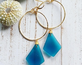 Sea Glass Hoop Earrings  | Medium Hoops | Wire Wrapped Jewelry | Blue | Sea Glass Jewelry | Gold Hoops