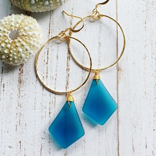 Sea Glass Hoop Earrings  | Medium Hoops | Wire Wrapped Jewelry | Blue | Sea Glass Jewelry | Gold Hoops