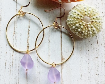Lavender Sea glass Earrings | Sea Glass Nugget | Sea Glass Jewelry | Gold Hoops