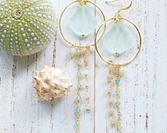 Apatite | Clamshell Sea Glass | Jade | Moonstone | Medium Hoops | Beachy Jewelry | Gold