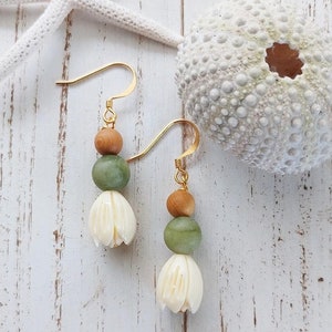 Pikake Flower | Jade | Sandalwood | Dangle | Small Flower Earrings | Hawaiian Flower Earrings | Gold | Silver