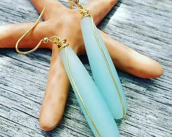 Sea Glass Earrings | Wire Wrapped Jewelry |  Teardrop | Sea glass Jewelry | Matte Seafoam | Gold | Silver