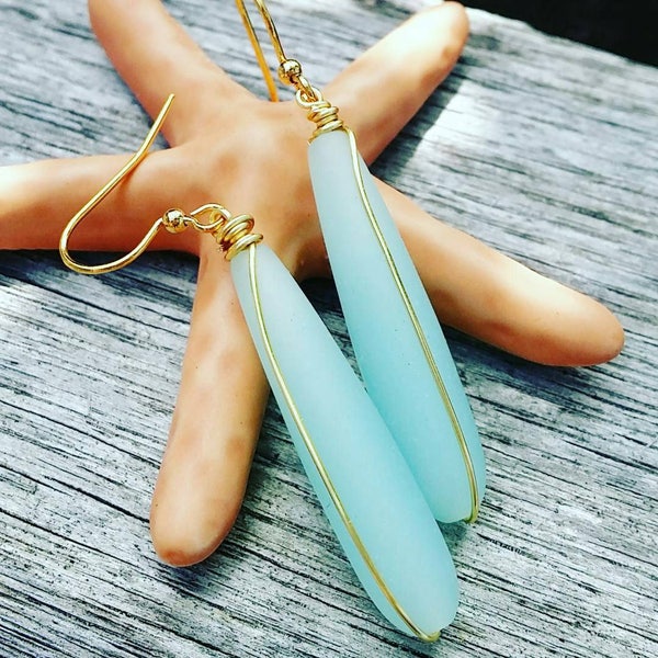 Sea Glass Earrings | Wire Wrapped Jewelry |  Teardrop | Sea glass Jewelry | Matte Seafoam | Gold | Silver