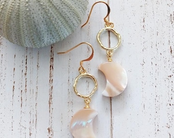Mother Of Pearl  Moon Earring Hoops | Crescent | Small Hoop |  Earrings | Gold Hoops