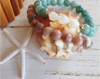 Plum Blossom Jasper Beaded Gemstone Bracelet | Jade|  Carved Pikake Flower | Mother of Pearl | 14k Gold Filled |  Stretchy Bracelets Set